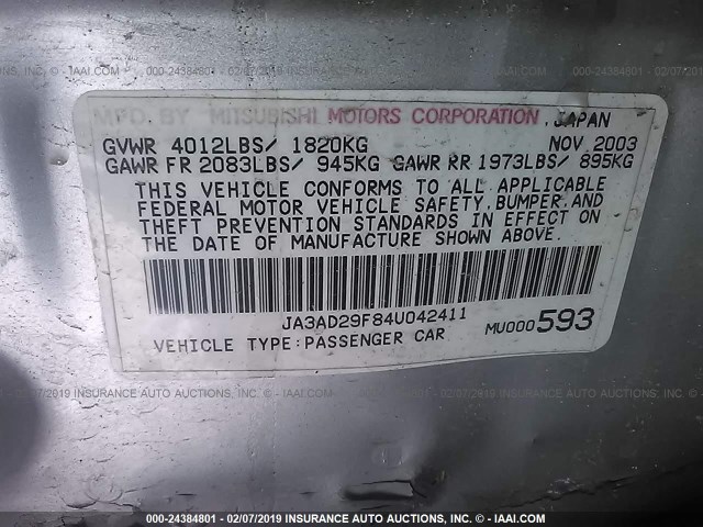 JA3AD29F84U042411 - 2004 MITSUBISHI LANCER LS SILVER photo 9