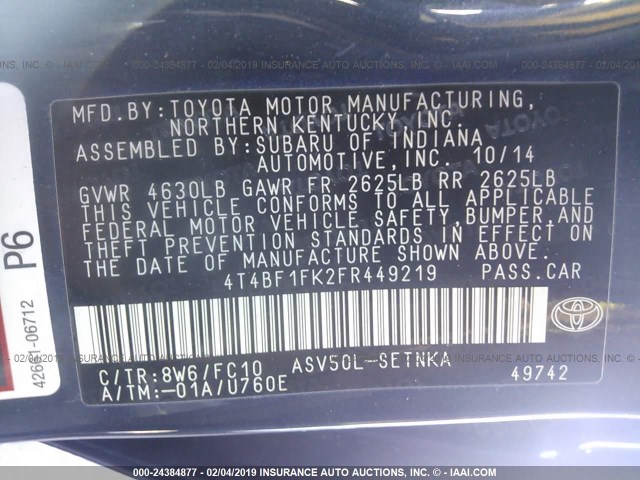 4T4BF1FK2FR449219 - 2015 TOYOTA CAMRY LE/XLE/SE/XSE ლურჯი ფოტო 9