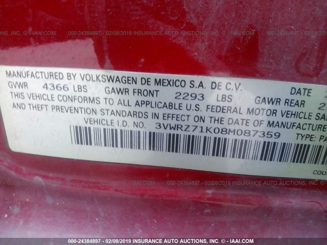 3VWRZ71K08M087359 - 2008 VOLKSWAGEN JETTA SE/SEL RED photo 9