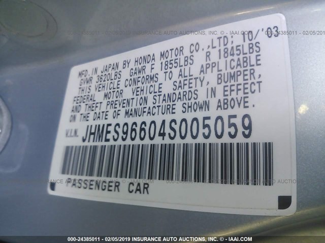 JHMES96604S005059 - 2004 HONDA CIVIC HYBRID SILVER photo 9