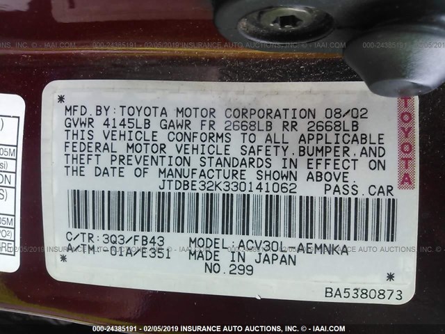 JTDBE32K330141062 - 2003 TOYOTA CAMRY LE/XLE RED photo 9