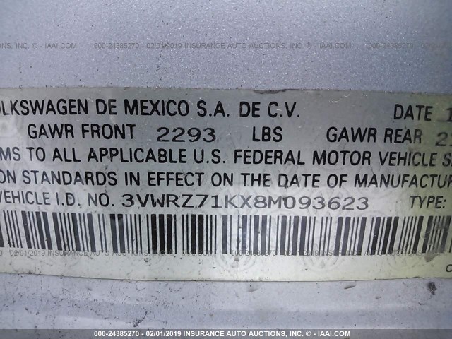 3VWRZ71KX8M093623 - 2008 VOLKSWAGEN JETTA SE/SEL SILVER photo 9