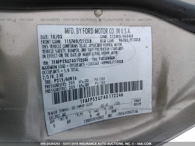 1FAFP55U74G112246 - 2004 FORD TAURUS SES GOLD photo 9