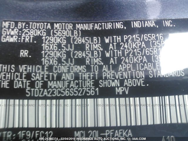 5TDZA23C56S527561 - 2006 TOYOTA SIENNA CE/LE BLUE photo 9