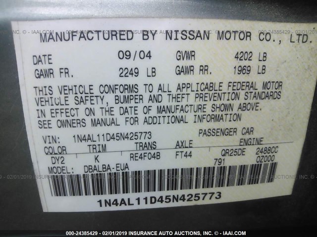 1N4AL11D45N425773 - 2005 NISSAN ALTIMA S/SL GREEN photo 9