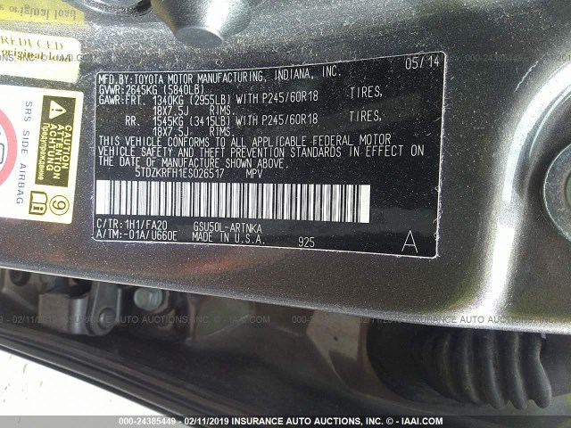 5TDZKRFH1ES026517 - 2014 TOYOTA HIGHLANDER LE/LE PLUS GRAY photo 9