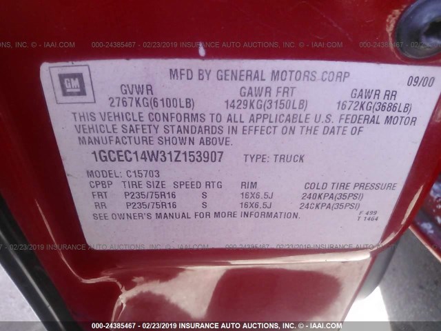 1GCEC14W9YZ270224 - 2000 CHEVROLET SILVERADO C1500 RED photo 9