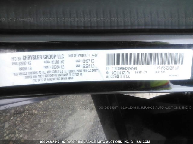 1C3CCBAB0CN222601 - 2012 CHRYSLER 200 LX BLACK photo 9