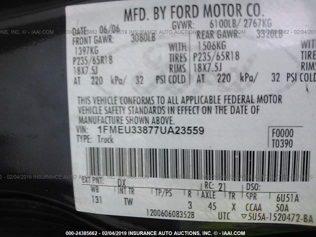 1FMEU33877UA23559 - 2007 FORD EXPLORER SPORT TR LIMITED BLUE photo 9