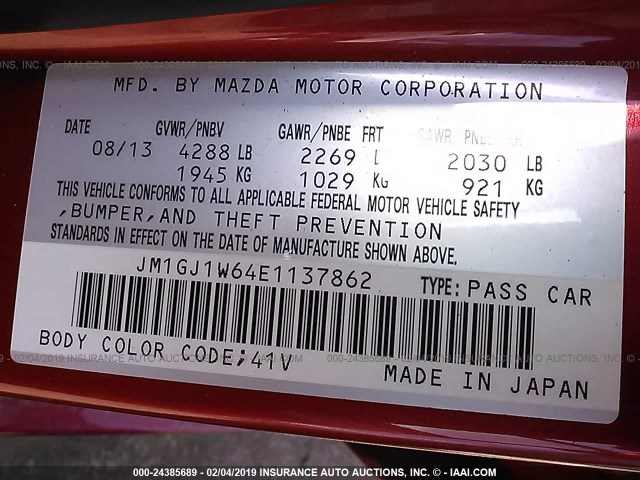 JM1GJ1W64E1137862 - 2014 MAZDA 6 GRAND TOURING RED photo 9