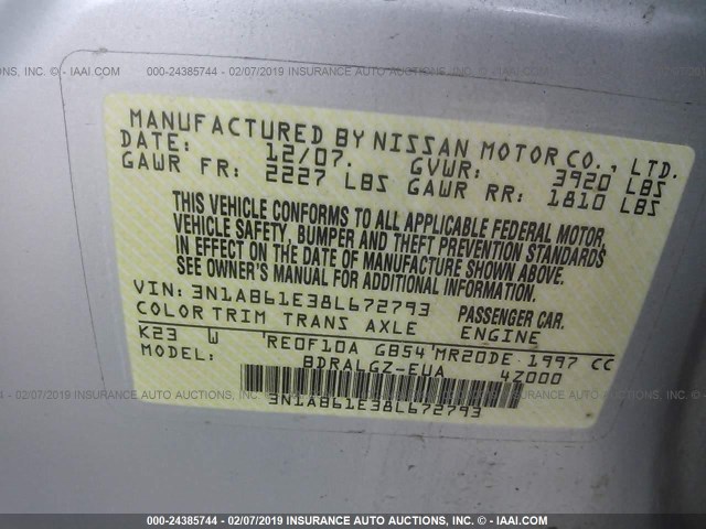 3N1AB61E38L672793 - 2008 NISSAN SENTRA 2.0/2.0S/2.0SL SILVER photo 9