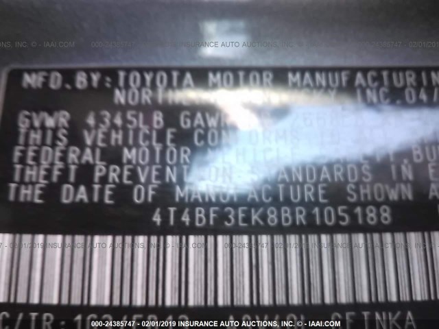 4T4BF3EK8BR105188 - 2011 TOYOTA CAMRY SE/LE/XLE 灰色 照片 9