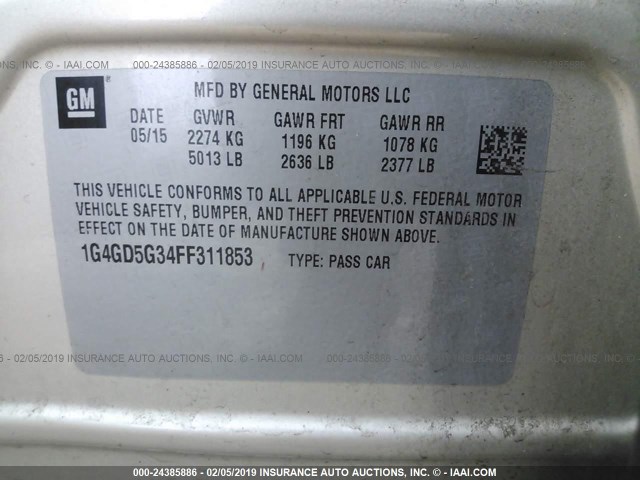 1G4GD5G34FF311853 - 2015 BUICK LACROSSE PREMIUM GOLD photo 9