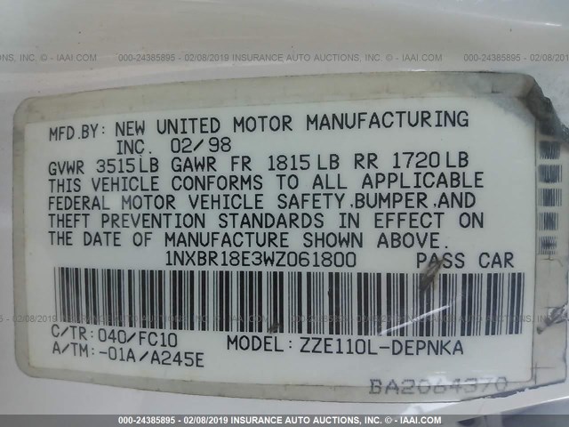 1NXBR18E3WZ061800 - 1998 TOYOTA COROLLA VE/CE/LE 白色 照片 9