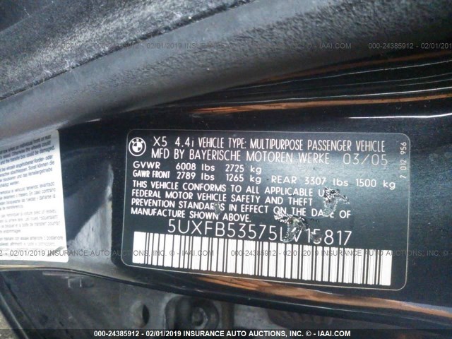 5UXFB53575LV15817 - 2005 BMW X5 4.4I BLACK photo 9