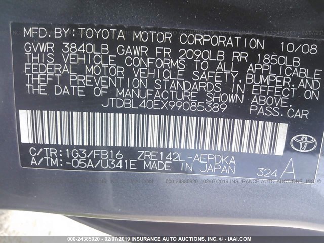 JTDBL40EX99085389 - 2009 TOYOTA COROLLA LE/XLE GRAY photo 9