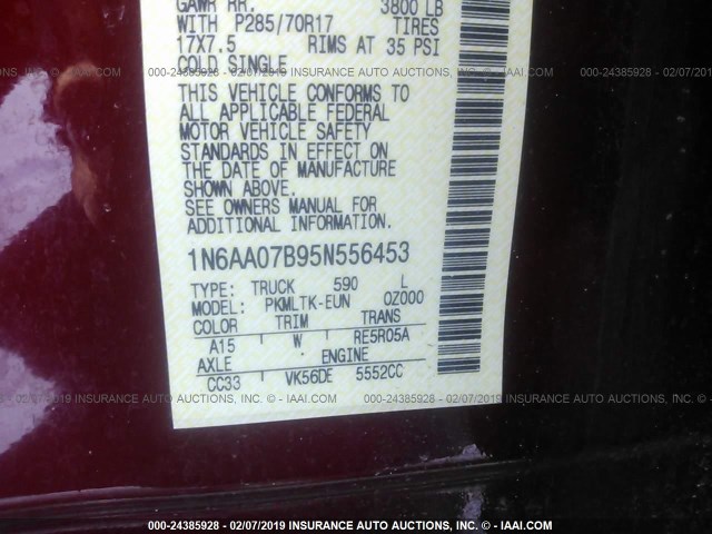 1N6AA07B95N556453 - 2005 NISSAN TITAN XE/SE/LE RED photo 9