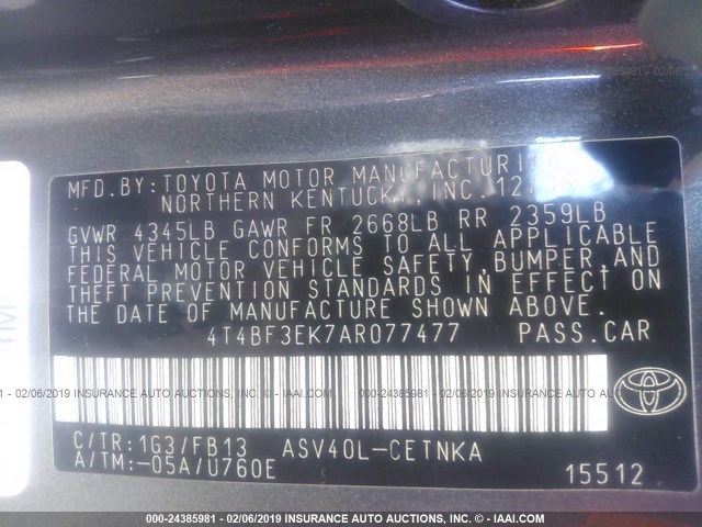 4T4BF3EK7AR077477 - 2010 TOYOTA CAMRY SE/LE/XLE 灰色 照片 9