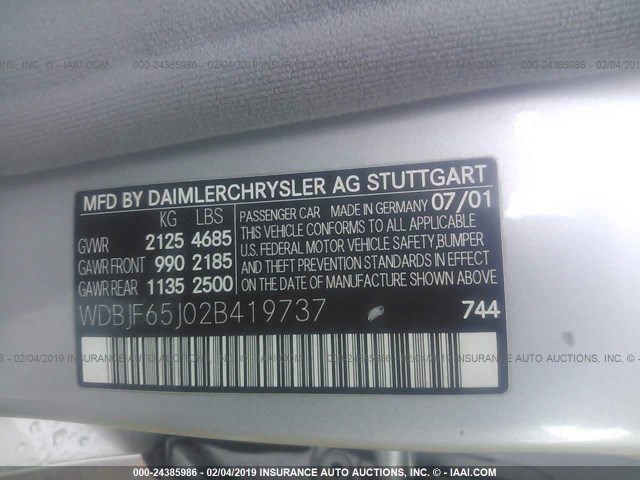 WDBJF65J02B419737 - 2002 MERCEDES-BENZ E 320 SILVER photo 9