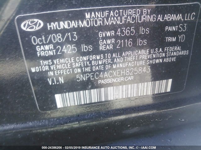 5NPEC4ACXEH825843 - 2014 HYUNDAI SONATA SE/LIMITED BLACK photo 9