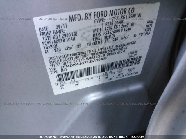 2FMDK4JC7CBA16402 - 2012 FORD EDGE SEL SILVER photo 9