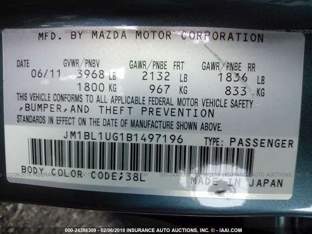 JM1BL1UG1B1497196 - 2011 MAZDA 3 I TEAL photo 9