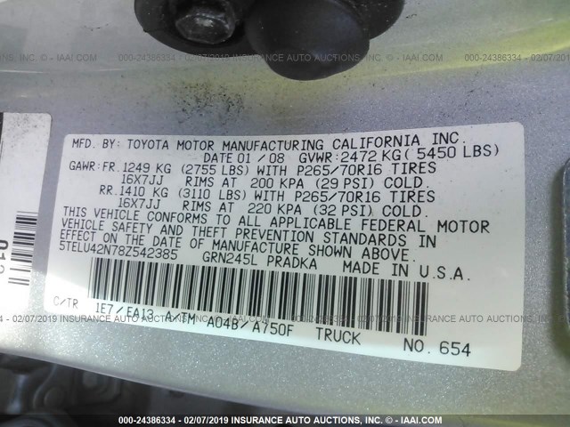 5TELU42N78Z542385 - 2008 TOYOTA TACOMA DOUBLE CAB SILVER photo 9