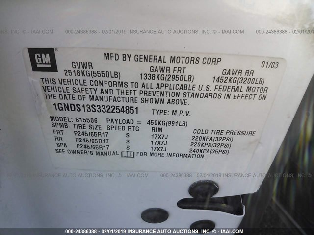 1GNDS13S332254851 - 2003 CHEVROLET TRAILBLAZER  WHITE photo 9