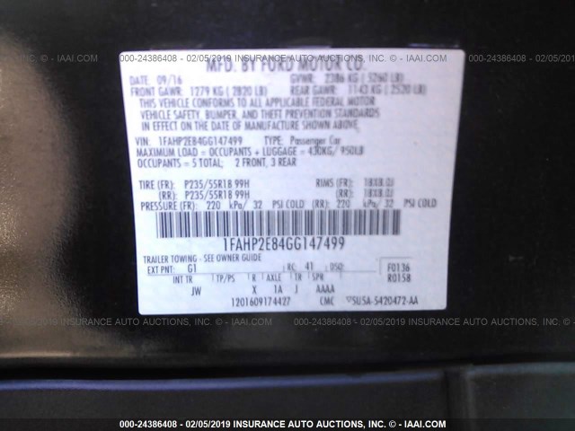 1FAHP2E84GG147499 - 2016 FORD TAURUS SEL BLACK photo 9