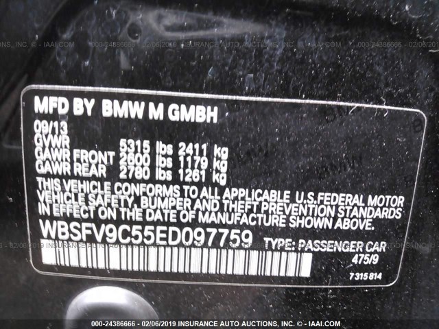 WBSFV9C55ED097759 - 2014 BMW M5 BLACK photo 9