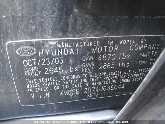 KM8SB12B74U636044 - 2004 HYUNDAI SANTA FE GL BLACK photo 9