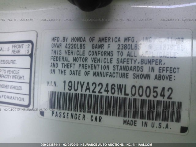 19UYA2246WL000542 - 1998 ACURA 3.0CL Սպիտակ լուսանկար 9