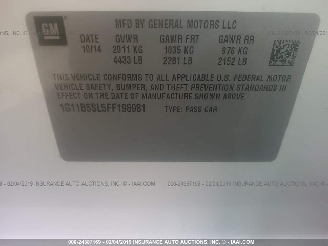 1G11B5SL5FF198981 - 2015 CHEVROLET MALIBU LS WHITE photo 9