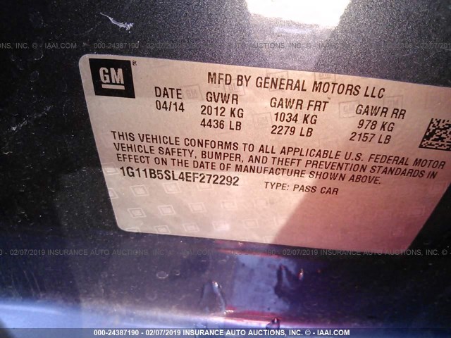 1G11B5SL4EF272292 - 2014 CHEVROLET MALIBU LS BLUE photo 9