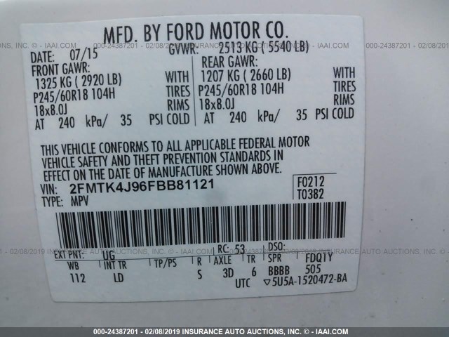 2FMTK4J96FBB81121 - 2015 FORD EDGE SEL WHITE photo 9