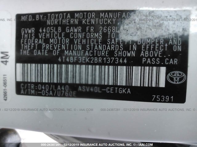 4T4BF3EK2BR137344 - 2011 TOYOTA CAMRY SE/LE/XLE 白色 照片 9