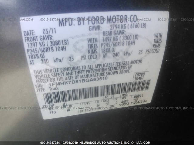 1FMHK7D81BGA63510 - 2011 FORD EXPLORER XLT GRAY photo 9