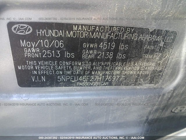 5NPEU46F27H176977 - 2007 HYUNDAI SONATA SE/LIMITED Light Blue photo 9