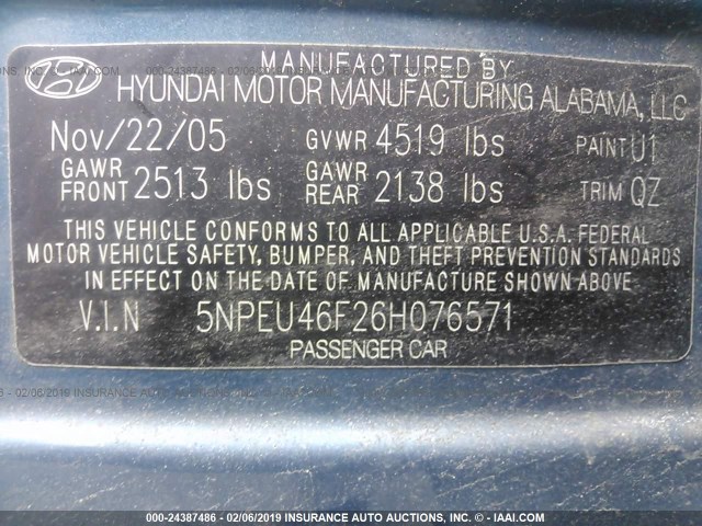 5NPEU46F26H076571 - 2006 HYUNDAI SONATA GLS/LX BLUE photo 9