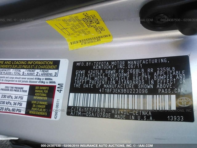 4T1BF3EK9BU223096 - 2011 TOYOTA CAMRY SE/LE/XLE 银色 照片 9