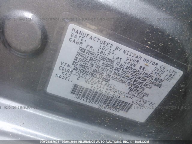 3N1CE2CP5GL374008 - 2016 NISSAN VERSA NOTE S/S PLUS/SV/SL/SR GRAY photo 9