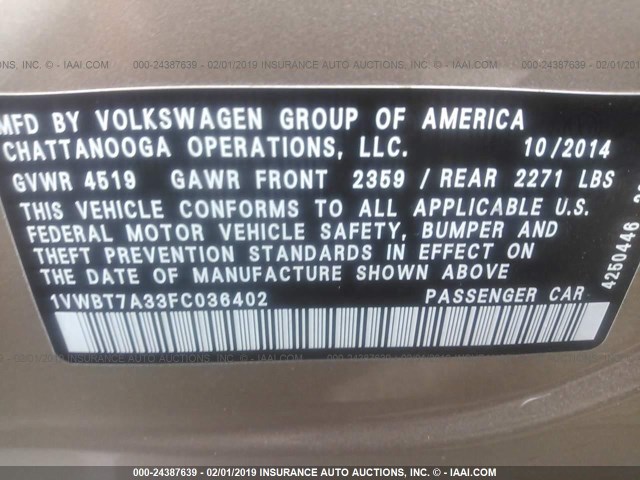 1VWBT7A33FC036402 - 2015 VOLKSWAGEN PASSAT SE GOLD photo 9