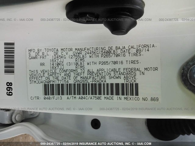 3TMJU4GN0FM177154 - 2015 TOYOTA TACOMA DOUBLE CAB PRERUNNER WHITE photo 9