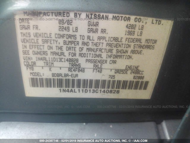 1N4AL11D13C140828 - 2003 NISSAN ALTIMA S/SL GREEN photo 9