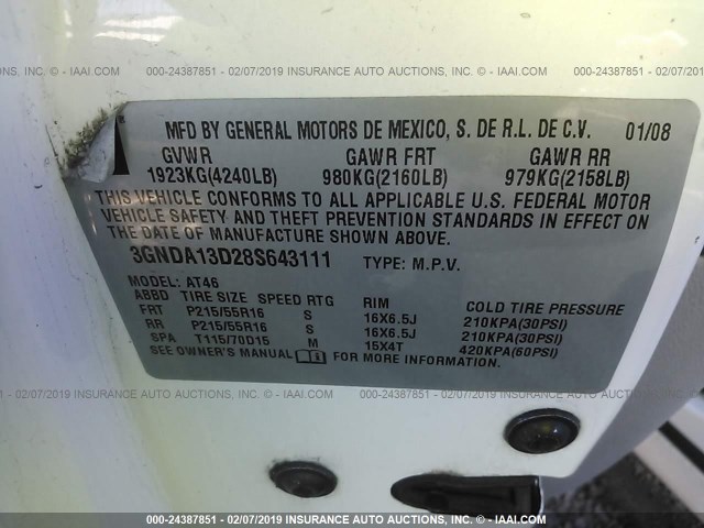3GNDA13D28S643111 - 2008 CHEVROLET HHR LS Blanco foto 9