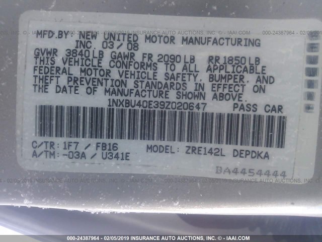 1NXBU40E39Z020647 - 2009 TOYOTA COROLLA S/LE/XLE SILVER photo 9