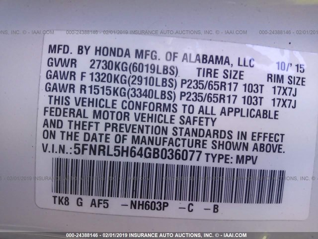 5FNRL5H64GB036077 - 2016 HONDA ODYSSEY EXL WHITE photo 9