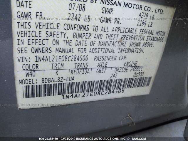 1N4AL21E08C284506 - 2008 NISSAN ALTIMA 2.5/2.5S GRAY photo 9