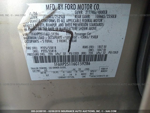 1FAHP25116G159286 - 2006 FORD FIVE HUNDRED LIMITED TAN photo 9