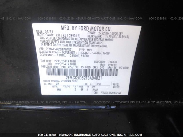 2FMGK5D82FBA04821 - 2015 FORD FLEX LIMITED BLACK photo 9